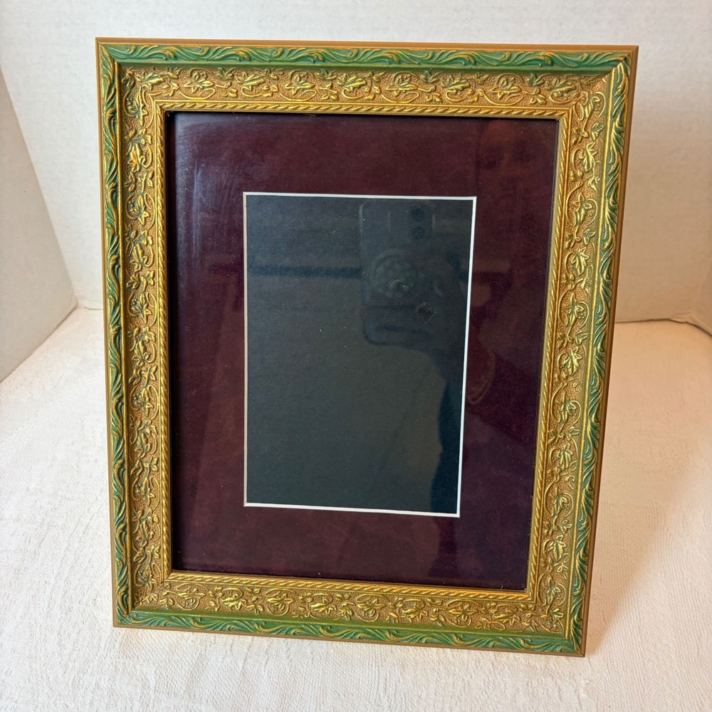 Vintage Ornate Gold Green Floral Picture Frame with Burgundy Mat 10x12